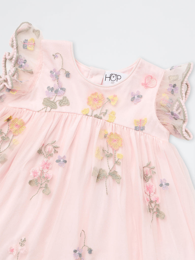 HOP Baby Girls Pink Floral Embroidered A-Line Dress