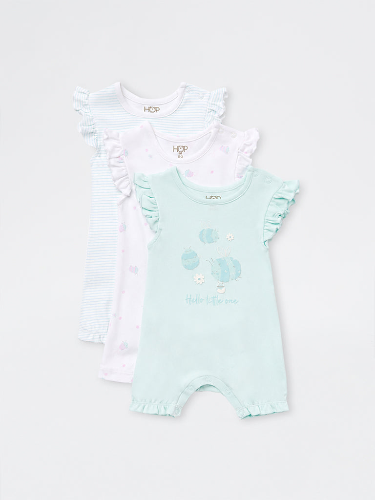 HOP Baby Girls Multicolour Graphic Printed Cotton Rompers - Pack of 3