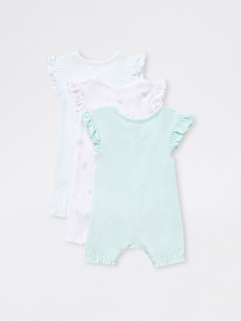 HOP Baby Girls Multicolour Graphic Printed Cotton Rompers - Pack of 3