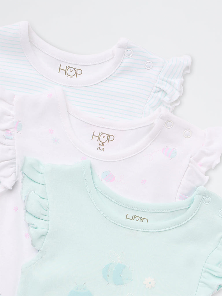 HOP Baby Girls Multicolour Graphic Printed Cotton Rompers - Pack of 3