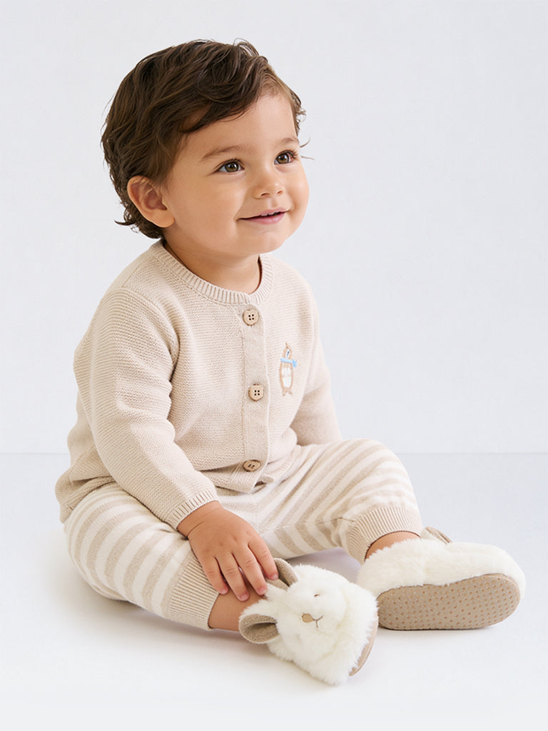 HOP Baby Boys Taupe Embroidered Cotton Cardigan and Pants Set