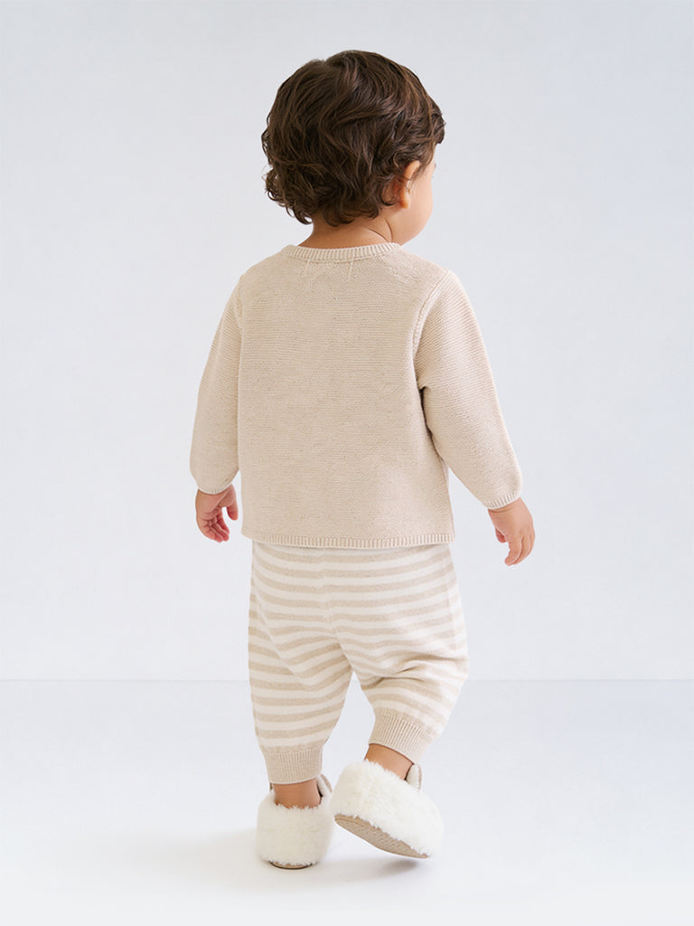 HOP Baby Boys Taupe Embroidered Cotton Cardigan and Pants Set