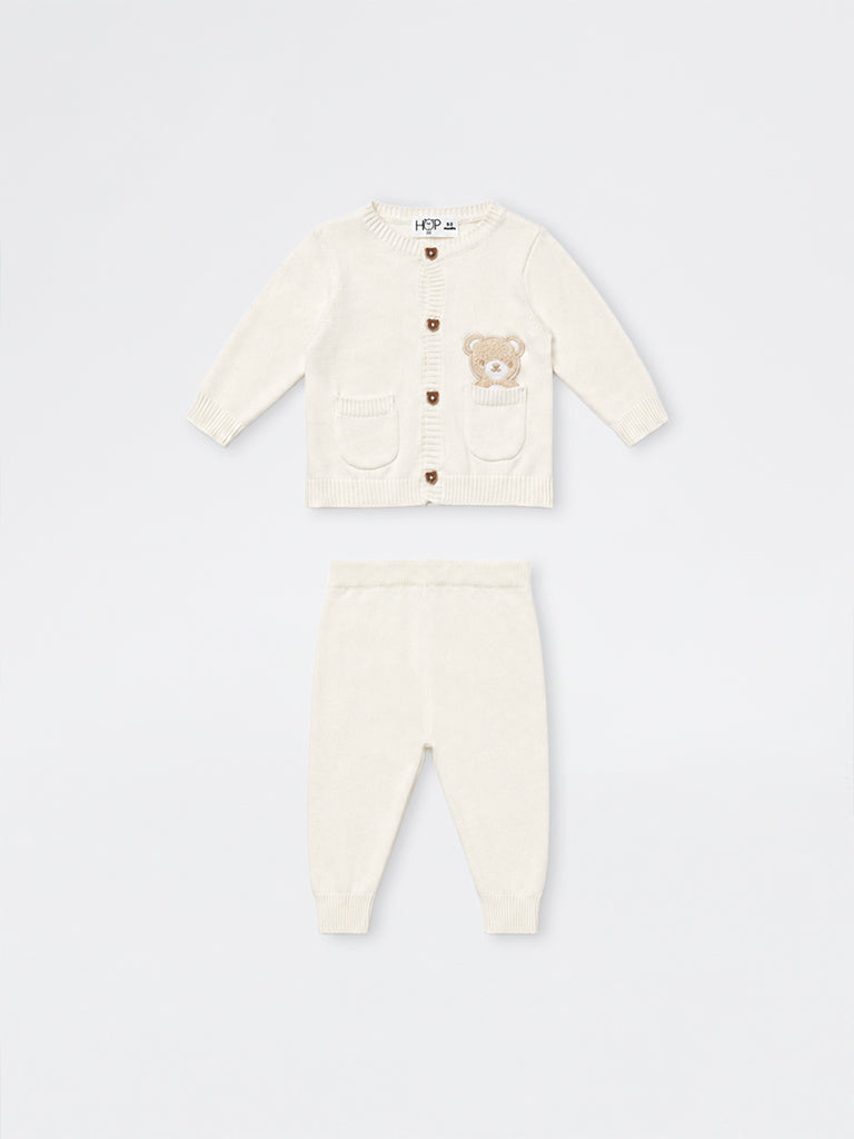 HOP Baby Boys Off-White Teddy Design Cotton Sweater and Pants Set