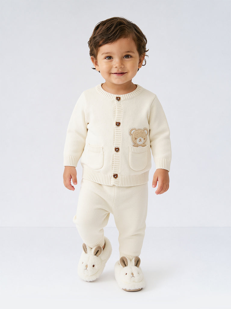HOP Baby Boys Off-White Teddy Design Cotton Sweater and Pants Set
