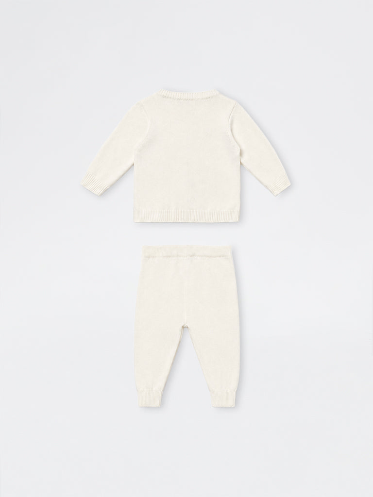 HOP Baby Boys Off-White Teddy Design Cotton Sweater and Pants Set