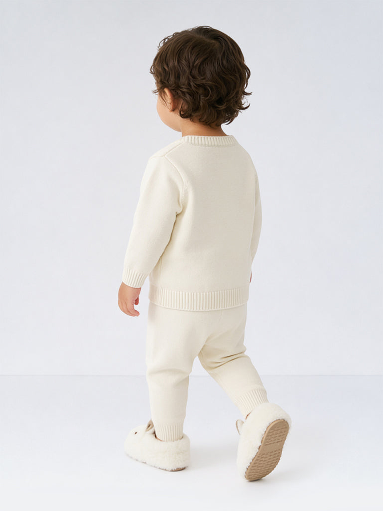 HOP Baby Boys Off-White Teddy Design Cotton Sweater and Pants Set