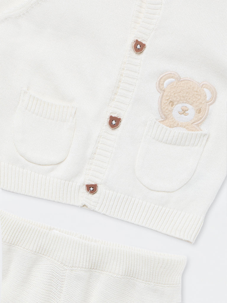 HOP Baby Boys Off-White Teddy Design Cotton Sweater and Pants Set
