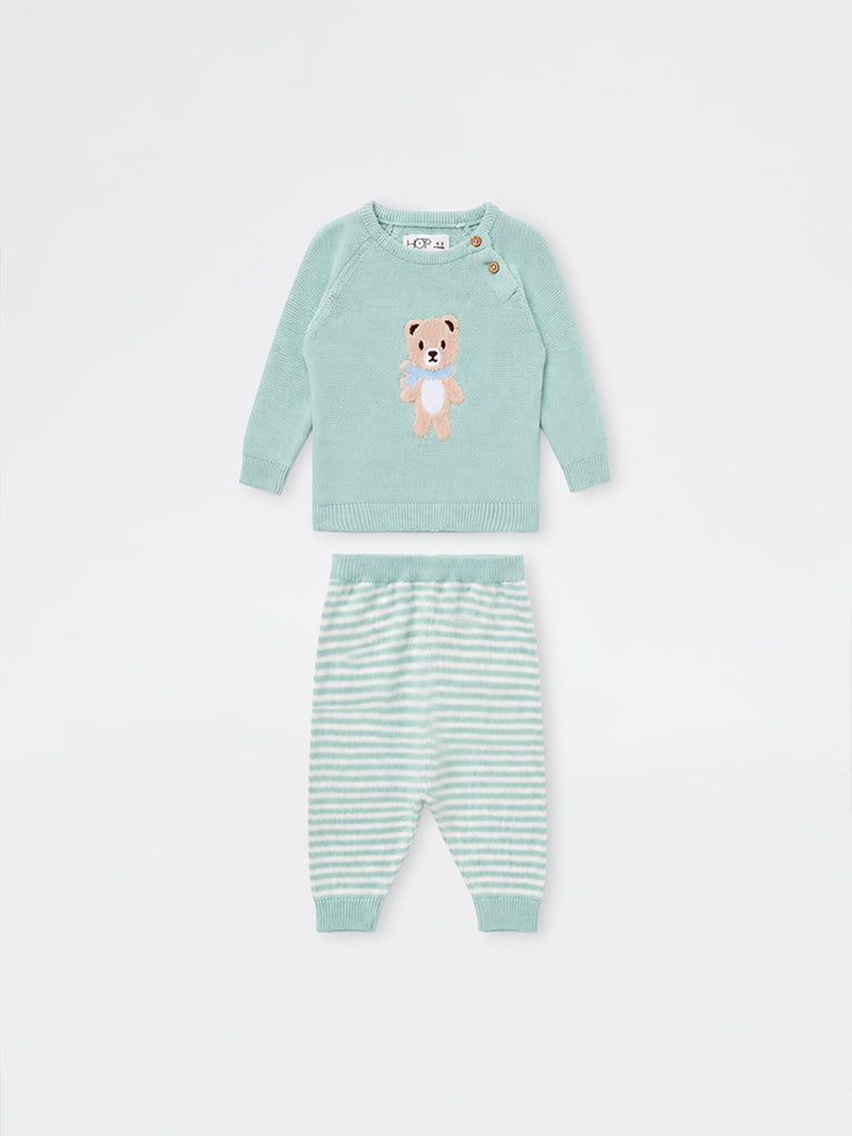 HOP Baby Boys Mint Bear Embroidered Cotton Sweater and Pants Set