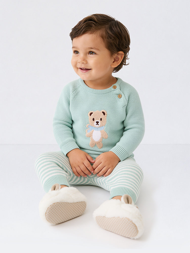 HOP Baby Boys Mint Bear Embroidered Cotton Sweater and Pants Set