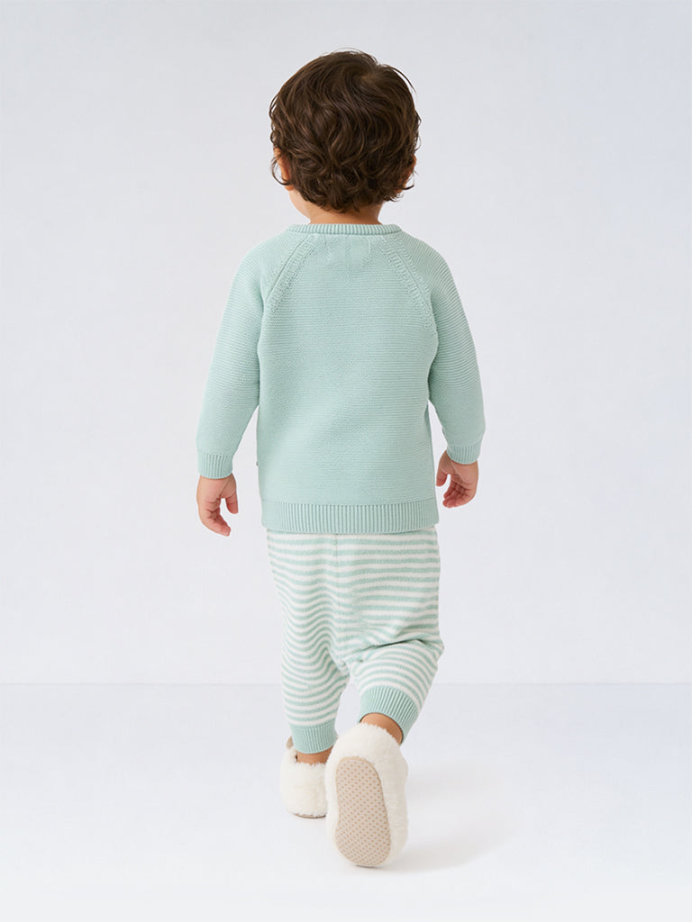 HOP Baby Boys Mint Bear Embroidered Cotton Sweater and Pants Set