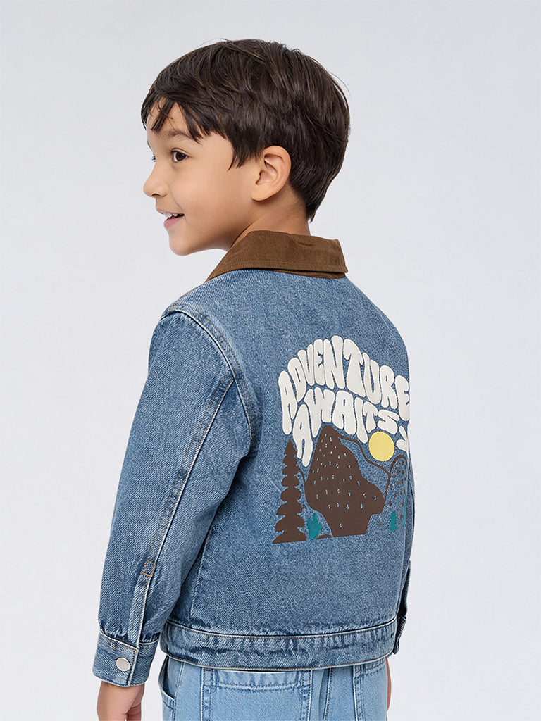 HOP Kids Boys Blue Text Embossed Denim Jacket