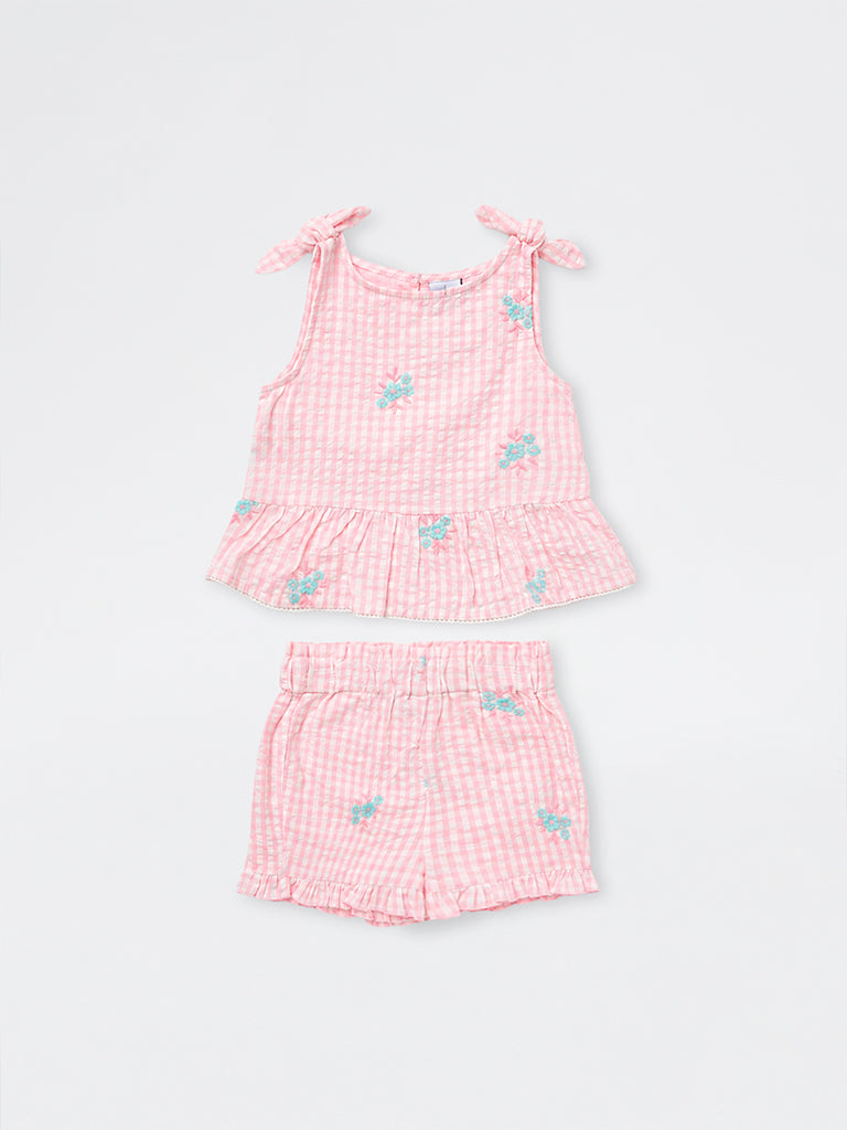 HOP Kids Girls Light Pink Gingham Checkered Cotton Top and Shorts Set
