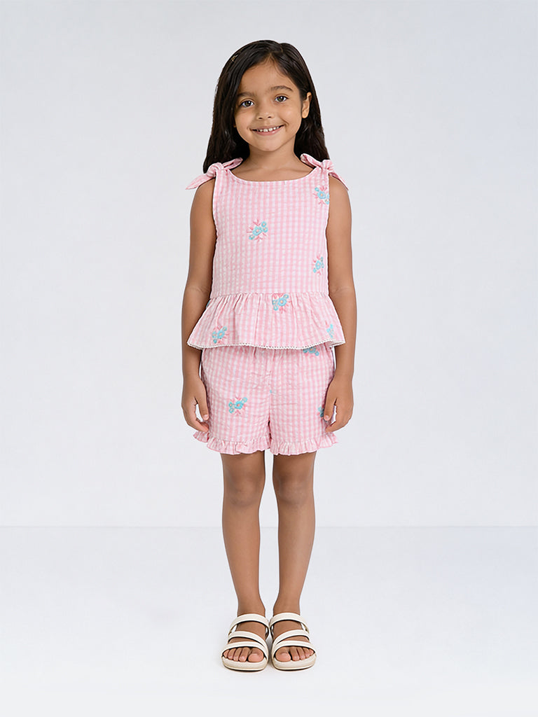 HOP Kids Girls Light Pink Gingham Checkered Cotton Top and Shorts Set