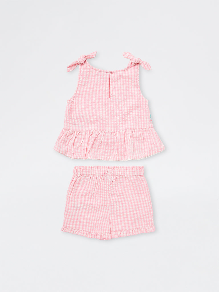 HOP Kids Girls Light Pink Gingham Checkered Cotton Top and Shorts Set