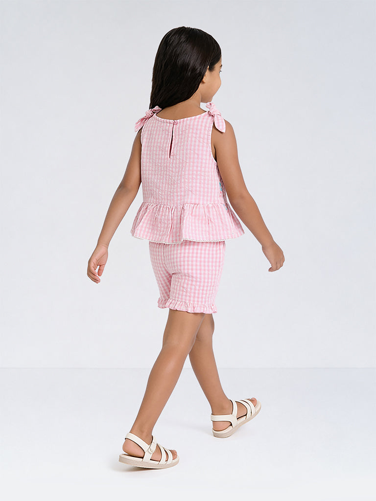 HOP Kids Girls Light Pink Gingham Checkered Cotton Top and Shorts Set