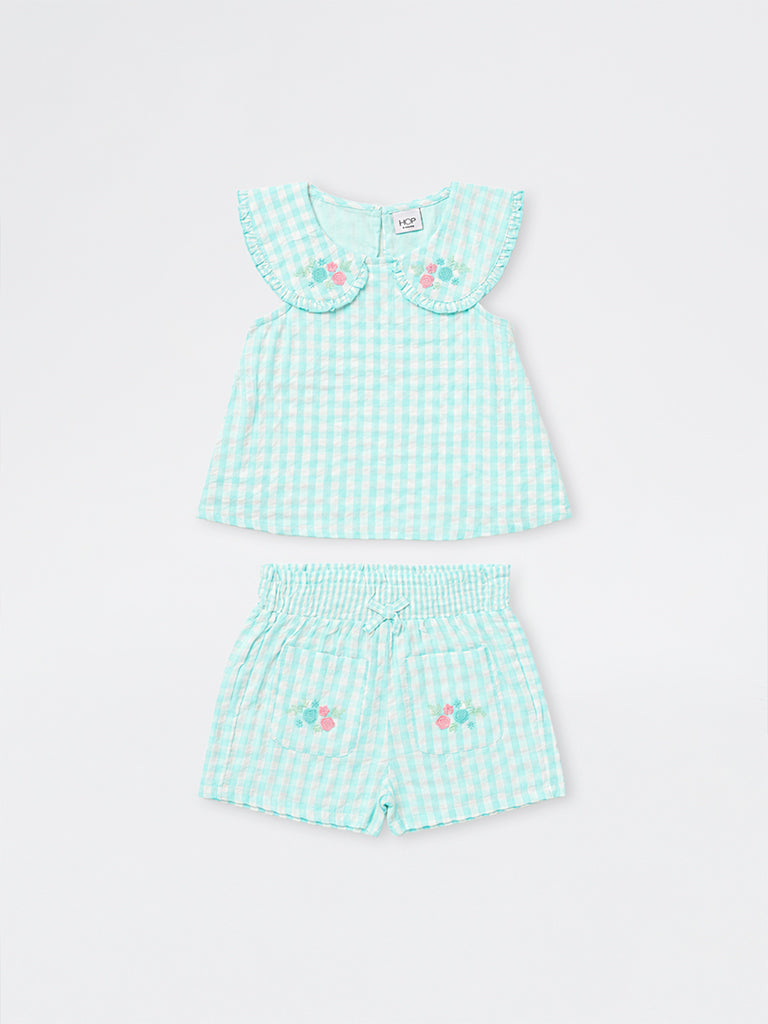 HOP Kids Girls Light Blue Gingham Checkered Cotton Top and Shorts Set
