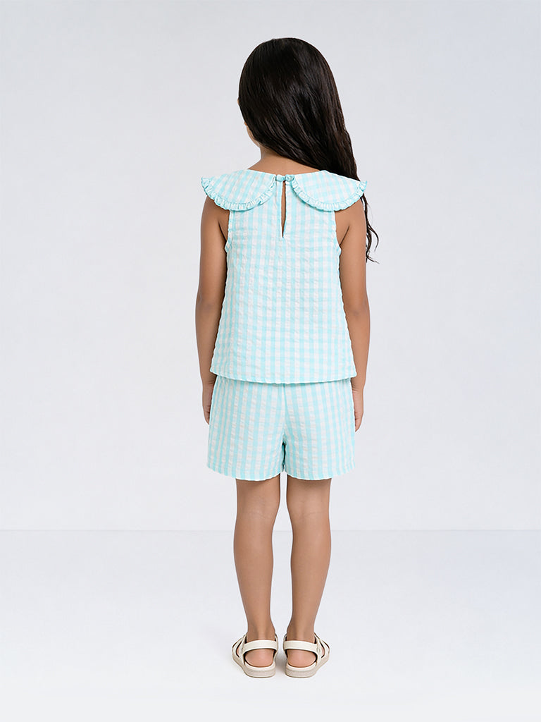 HOP Kids Girls Light Blue Gingham Checkered Cotton Top and Shorts Set