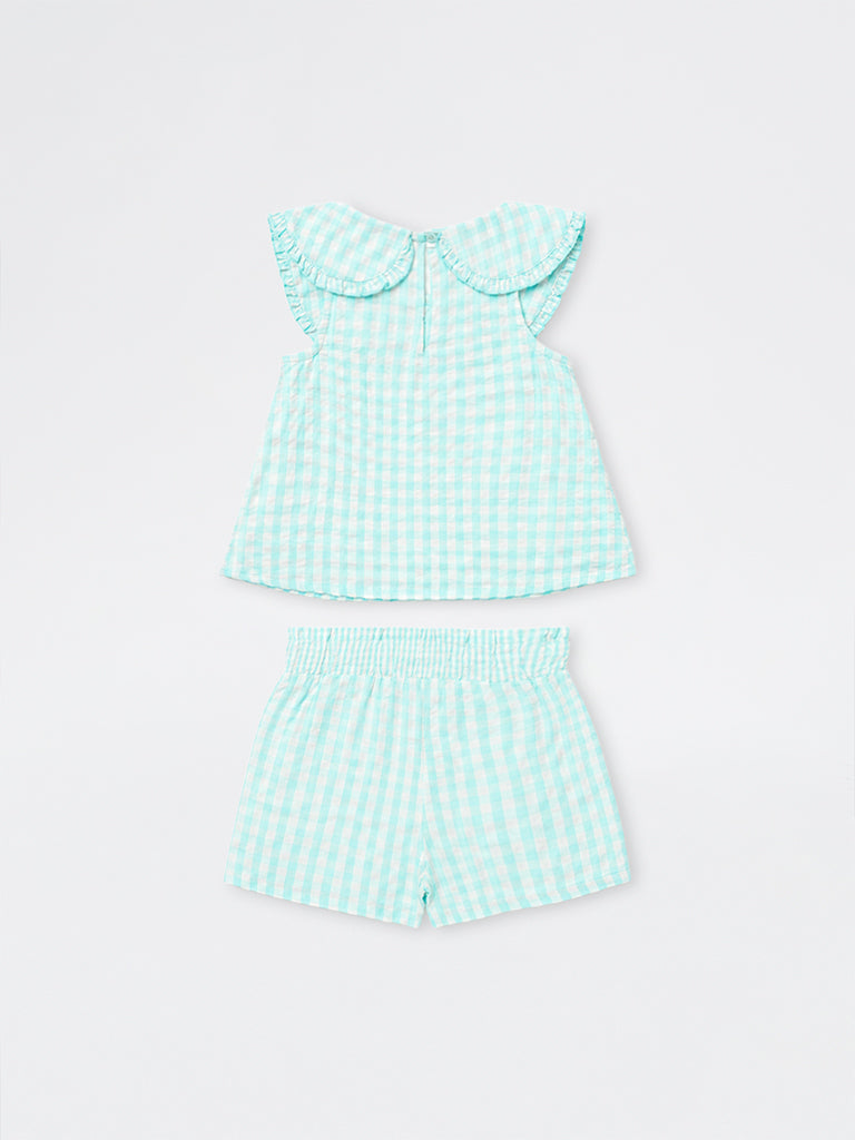 HOP Kids Girls Light Blue Gingham Checkered Cotton Top and Shorts Set