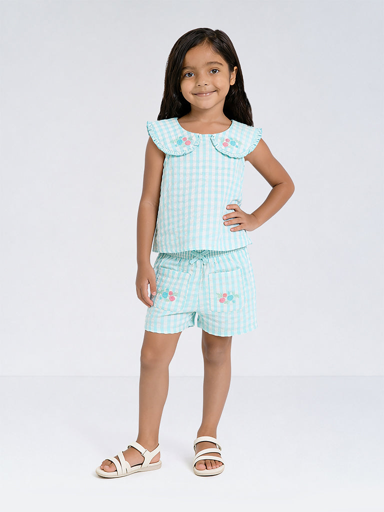 HOP Kids Girls Light Blue Gingham Checkered Cotton Top and Shorts Set