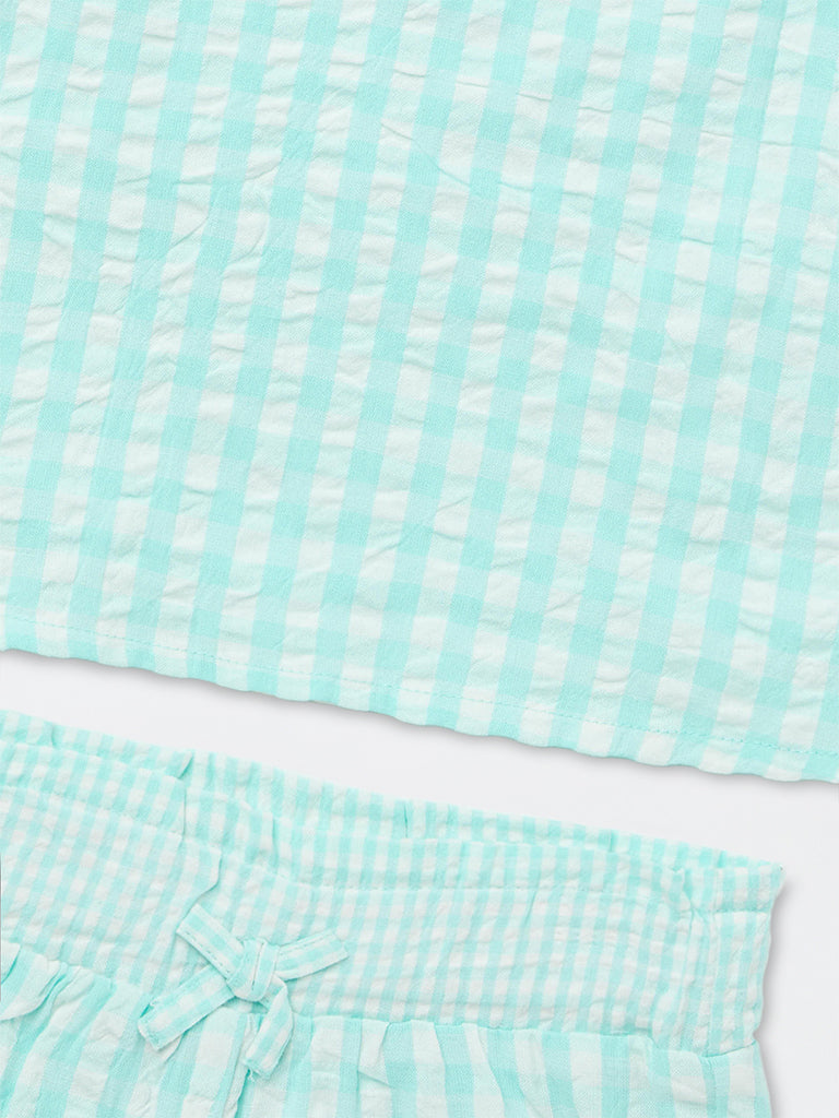 HOP Kids Girls Light Blue Gingham Checkered Cotton Top and Shorts Set