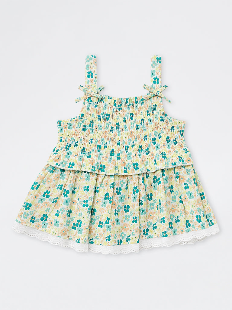 HOP Kids Girls Green Floral Printed Cotton Top