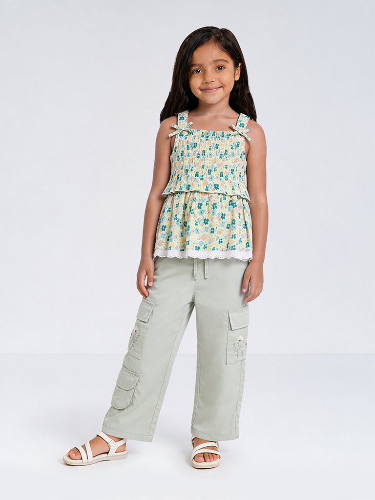 HOP Kids Girls Green Floral Printed Cotton Top