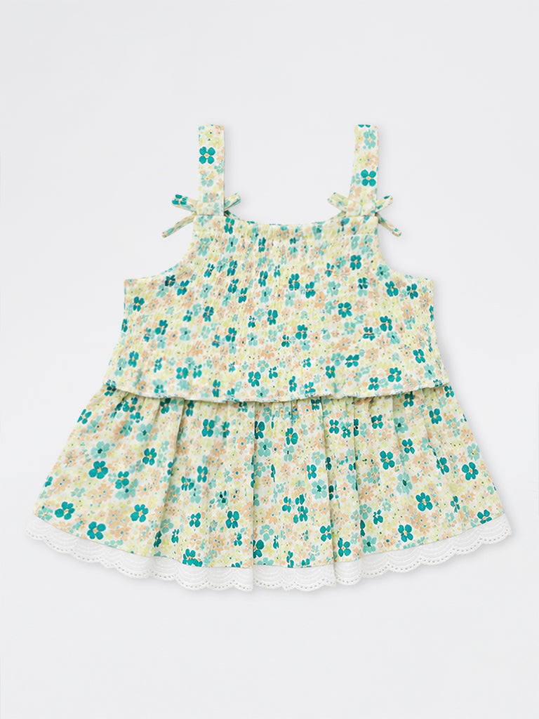HOP Kids Girls Green Floral Printed Cotton Top