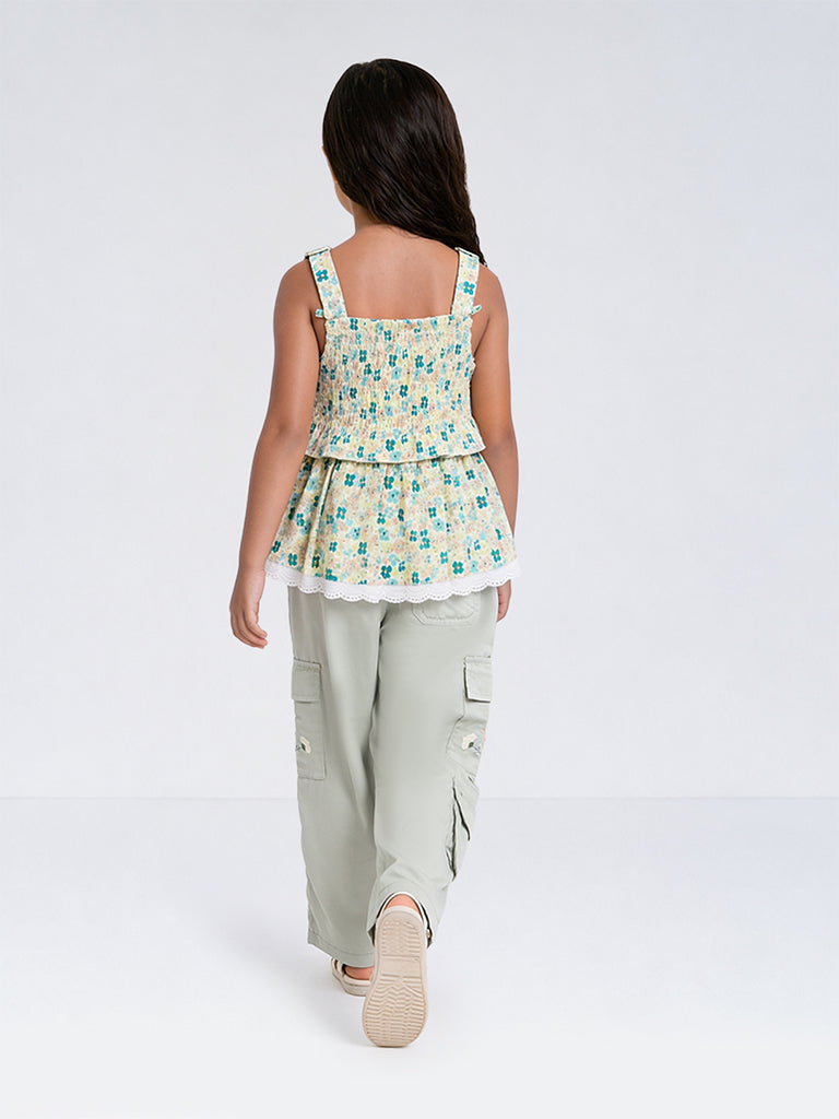 HOP Kids Girls Green Floral Printed Cotton Top