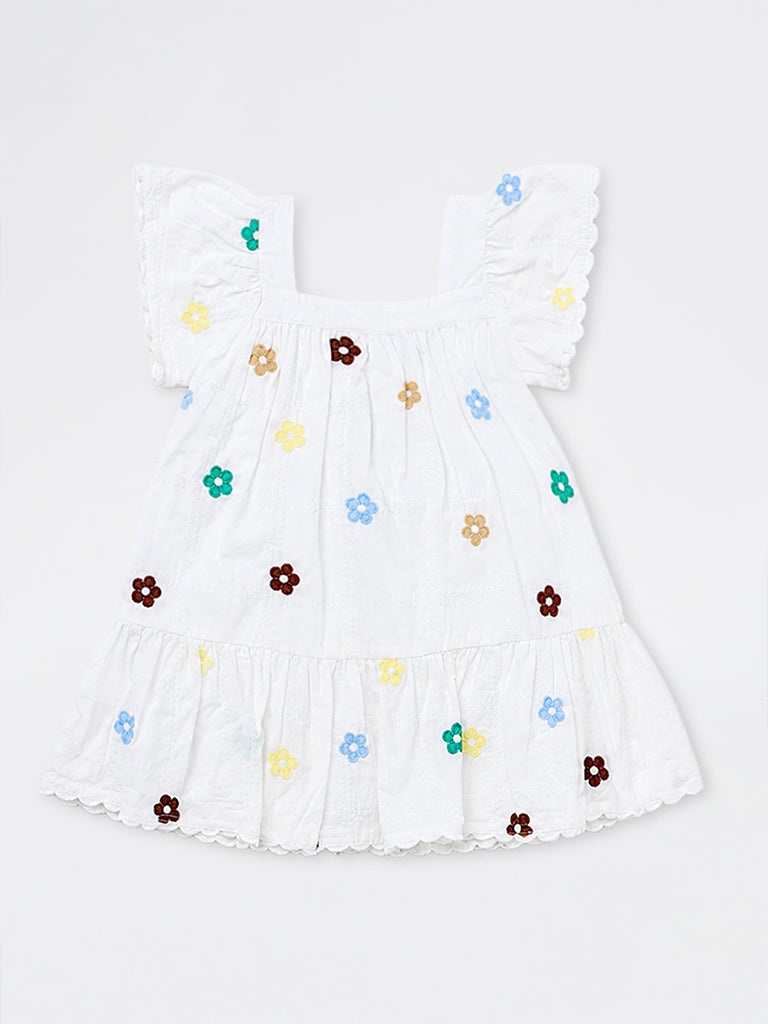 HOP Kids Girls White Floral Embroidered Cotton A-Line Dress