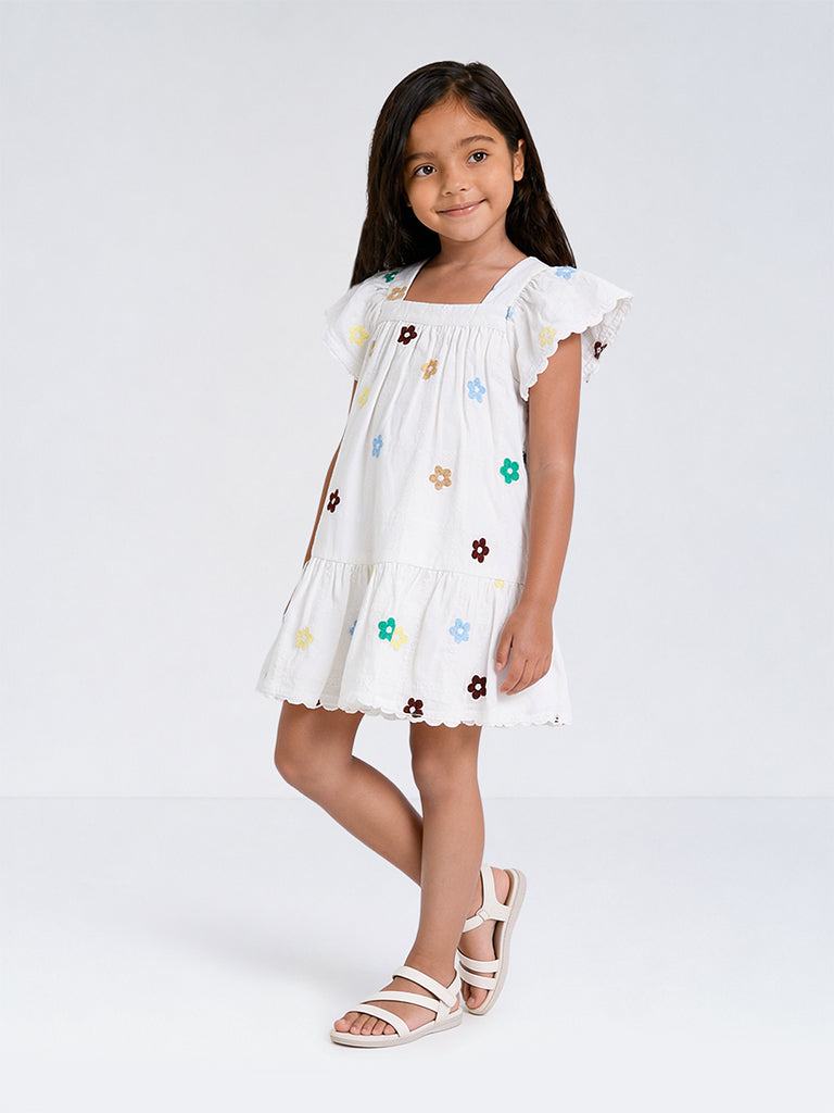 HOP Kids Girls White Floral Embroidered Cotton A-Line Dress