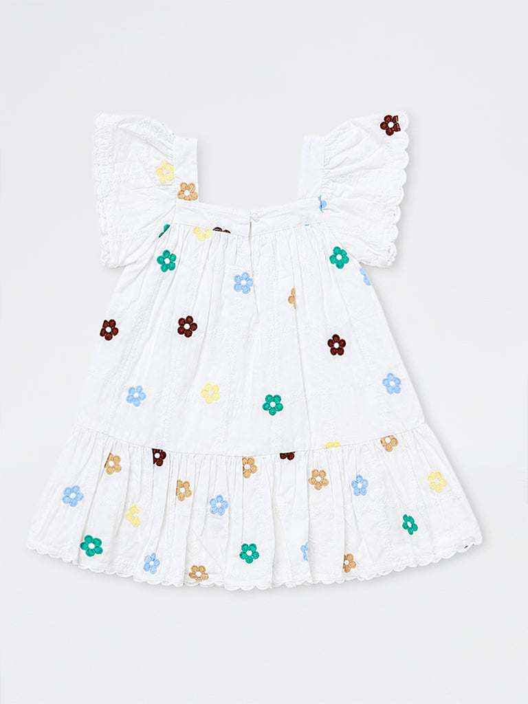 HOP Kids Girls White Floral Embroidered Cotton A-Line Dress