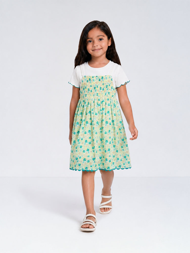 HOP Kids Girls Green Floral Printed Cotton-Blend Pinafore with T-Shirt Set