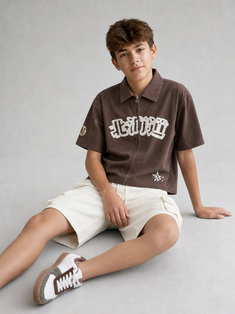 Boys Brown Embroidered Cotton Shirt