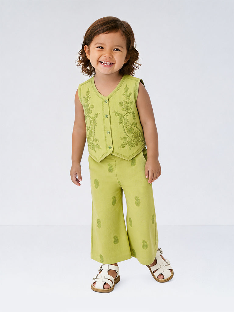 Utsa Kids Girls Green Paisley Embroidered Cotton-Blend Ethnic Pants (2-8 yrs)
