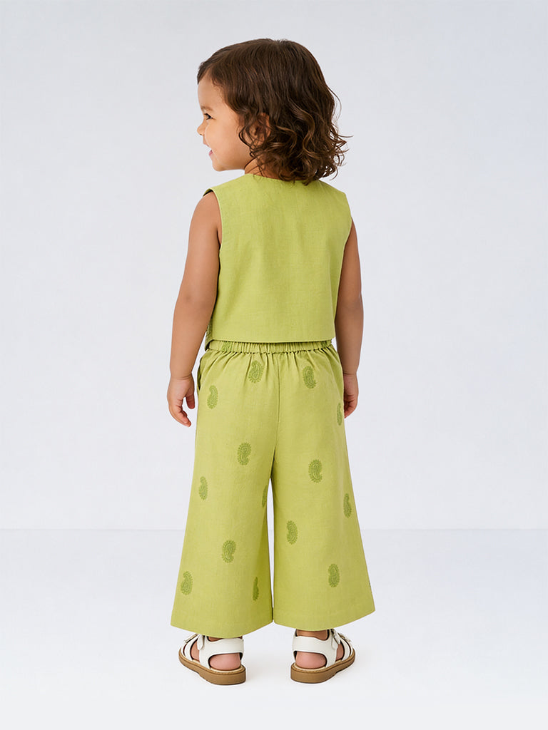 Utsa Kids Girls Green Paisley Embroidered Cotton-Blend Ethnic Pants (2-8 yrs)