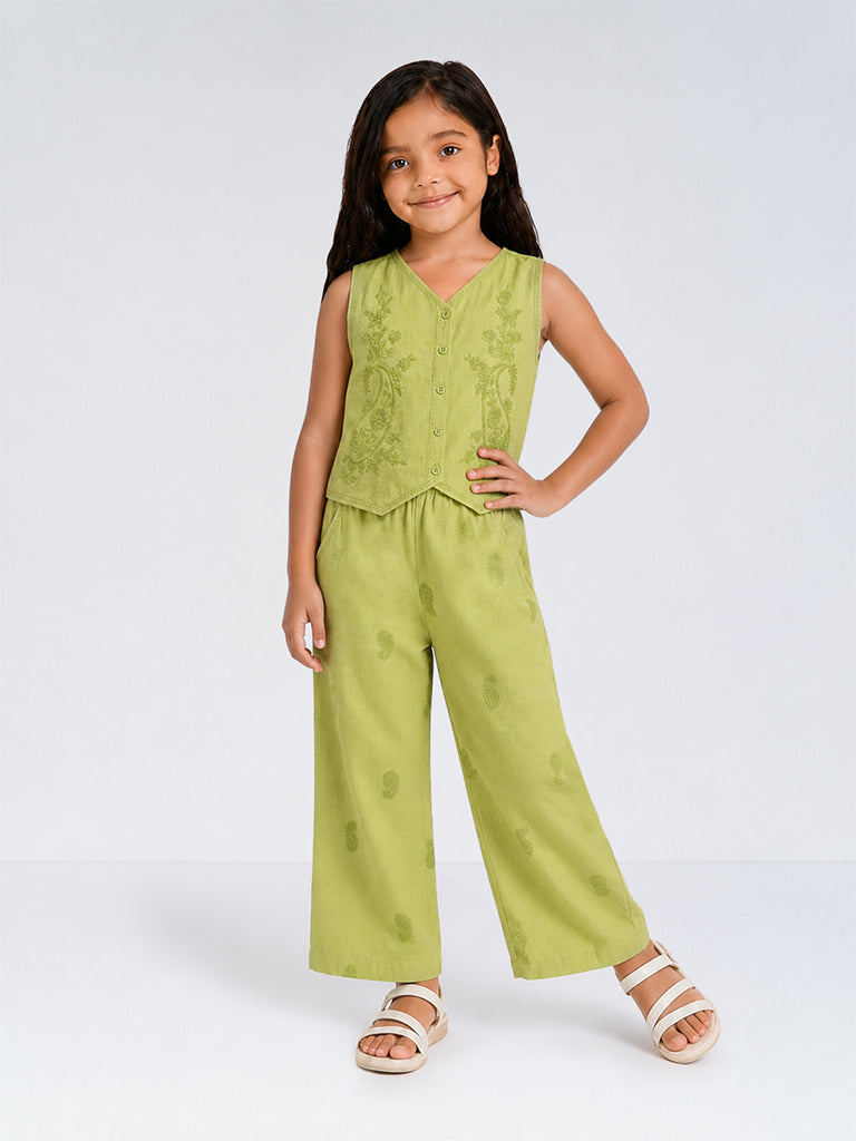 Utsa Kids Girls Green Paisley Embroidered Cotton-Blend Ethnic Pants (8-14 yrs)