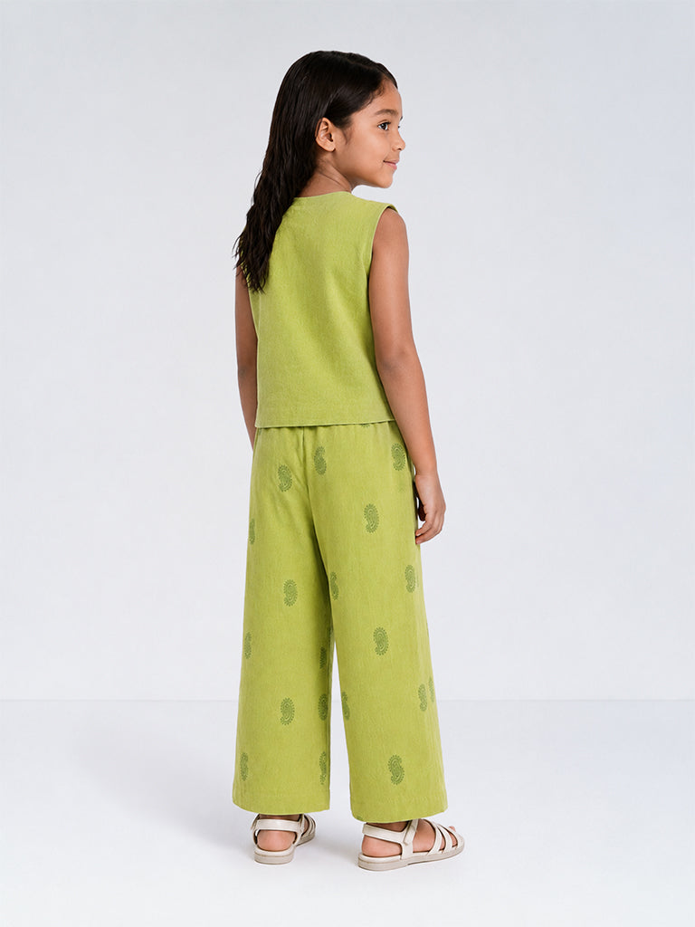 Utsa Kids Girls Green Paisley Embroidered Cotton-Blend Ethnic Pants (8-14 yrs)