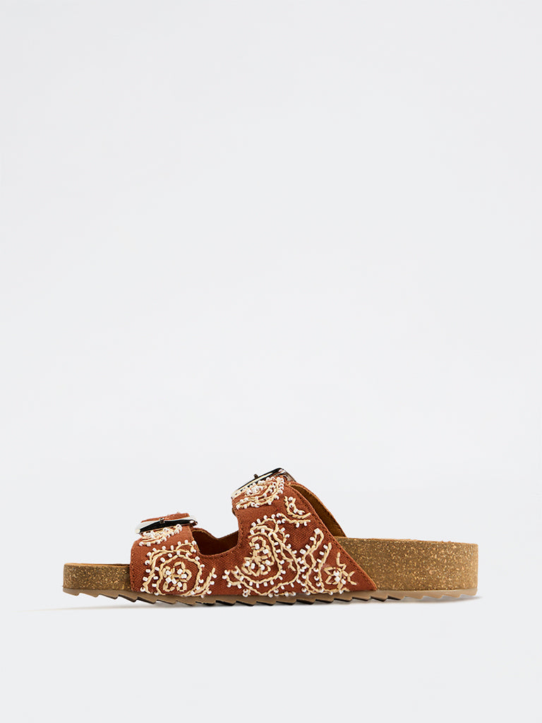 LUNA BLU Tan Embellished Slip-On Sandals