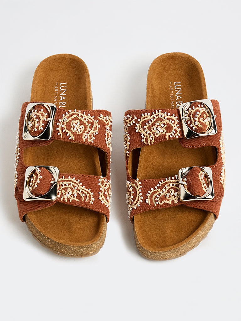 LUNA BLU Tan Embellished Slip-On Sandals