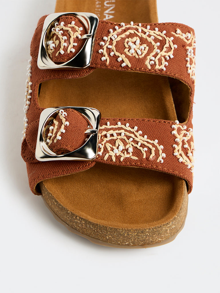LUNA BLU Tan Embellished Slip-On Sandals