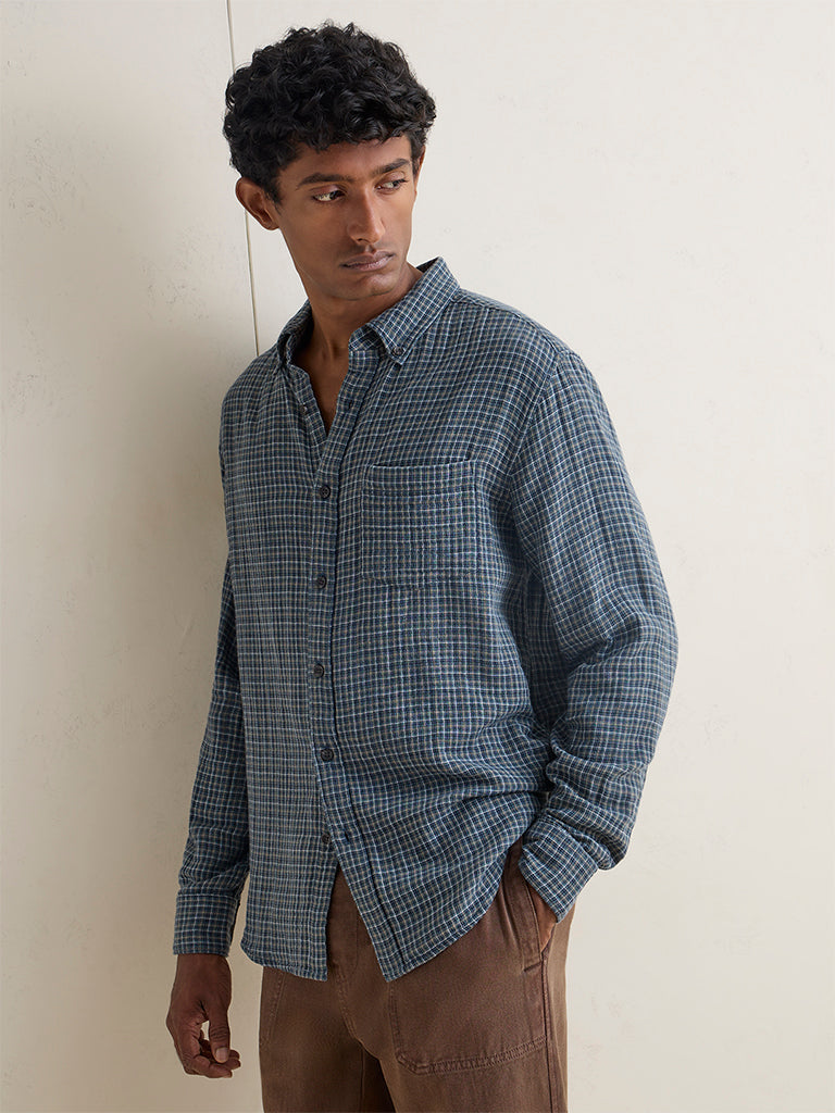 WES Casuals Green Checkered Relaxed-Fit Cotton Shirt