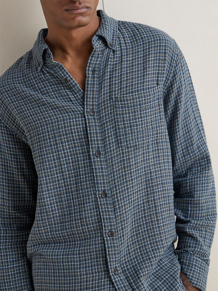 WES Casuals Green Checkered Relaxed-Fit Cotton Shirt