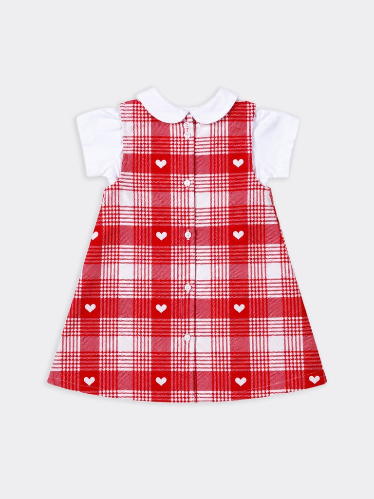 Hop Baby Girls Red Checks Cotton Pinafore And T-Shirt Set