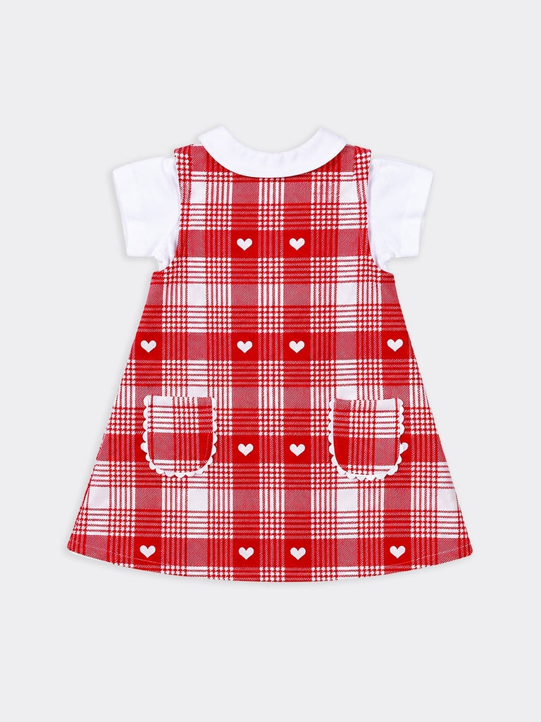 Hop Baby Girls Red Checks Cotton Pinafore And T-Shirt Set
