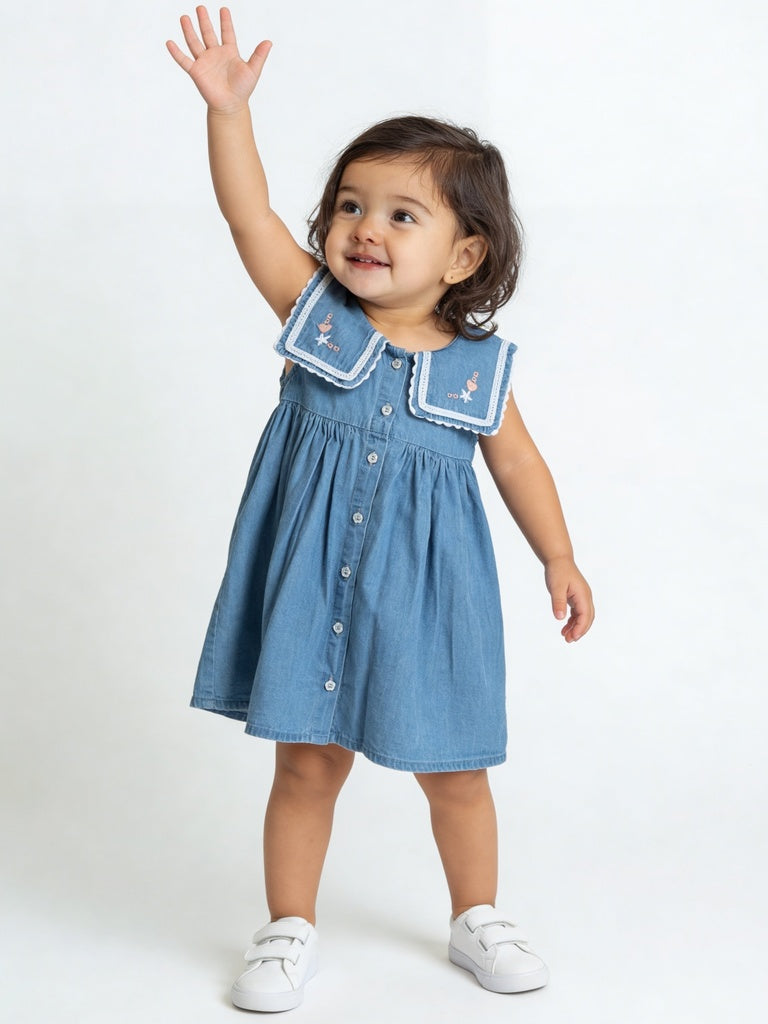 HOP Baby Girls Blue Embroidered Flared Cotton Dress