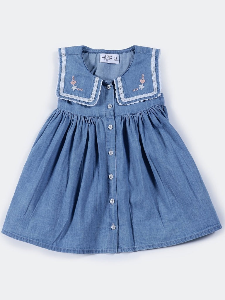 HOP Baby Girls Blue Embroidered Flared Cotton Dress