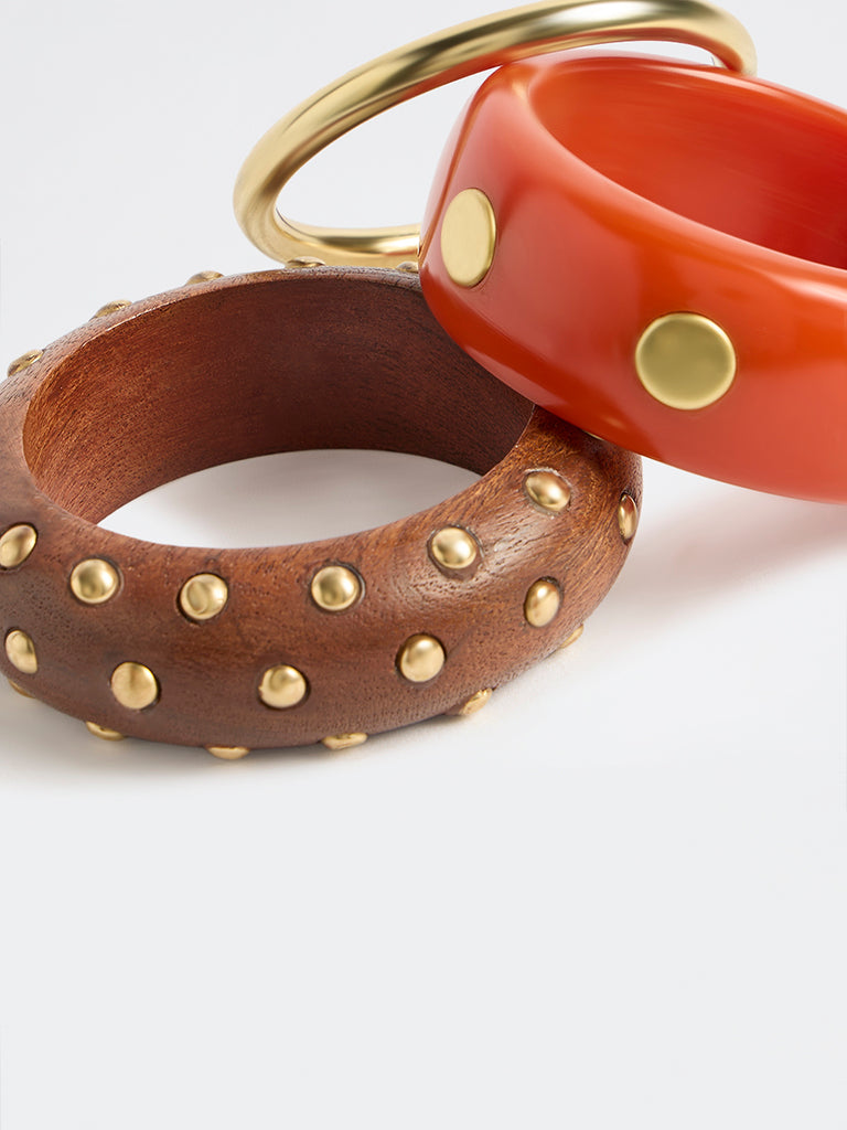 Westside Accessories Multicolour Studded Resin and Wood Bangles - Pack of 3