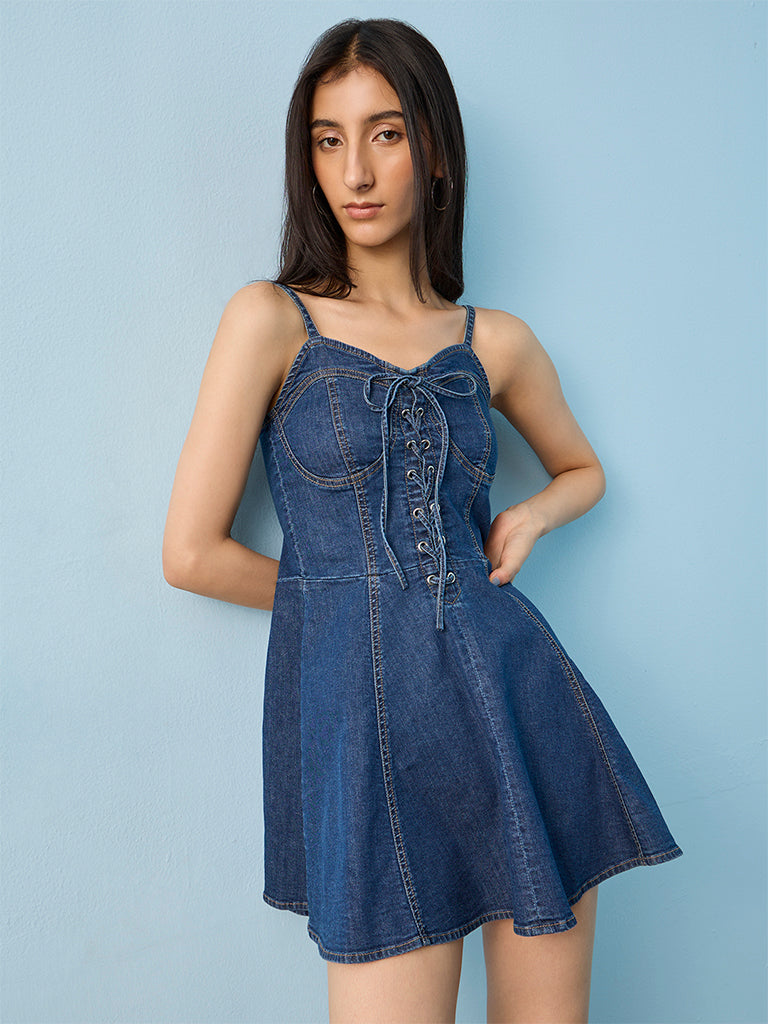 Nuon Blue Lace-Up A-Line Denim Dress