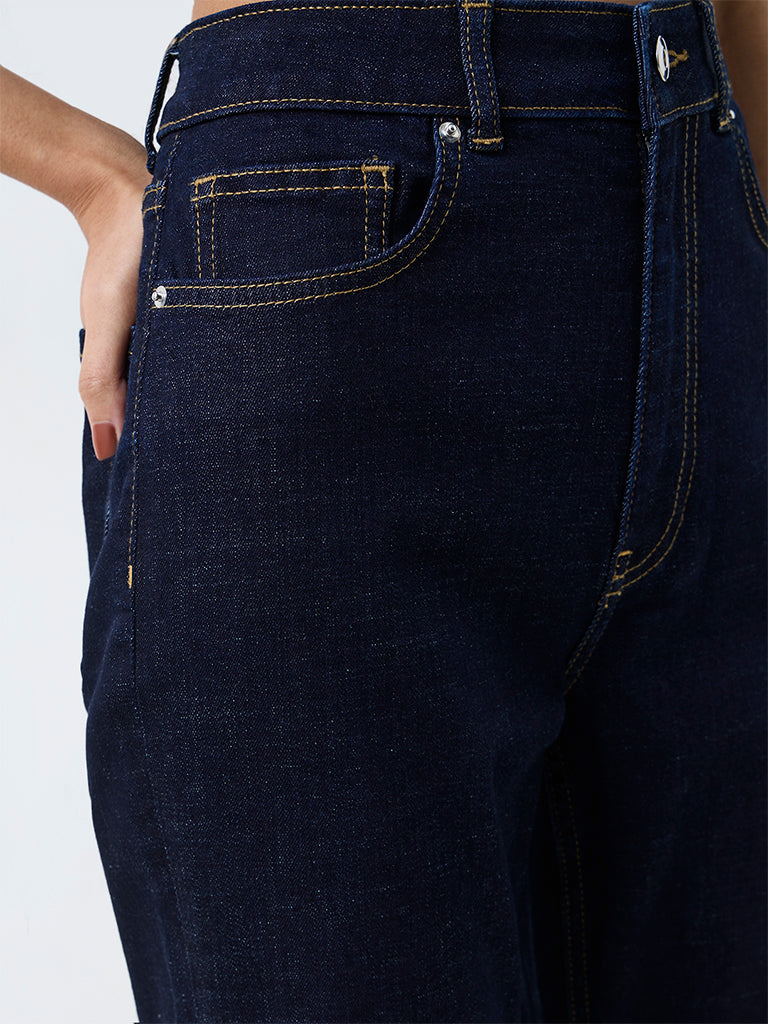 Nuon Dark Blue Solid High-Waist Bootcut Jeans