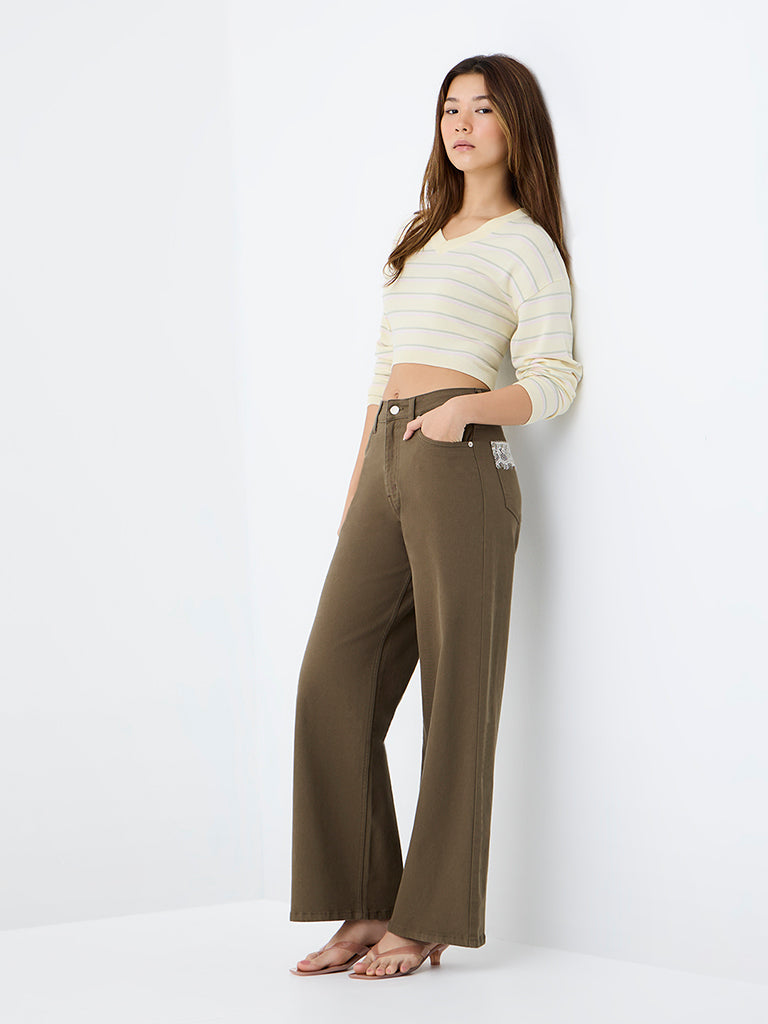 Nuon Yellow Striped Knit-Textured T-Shirt